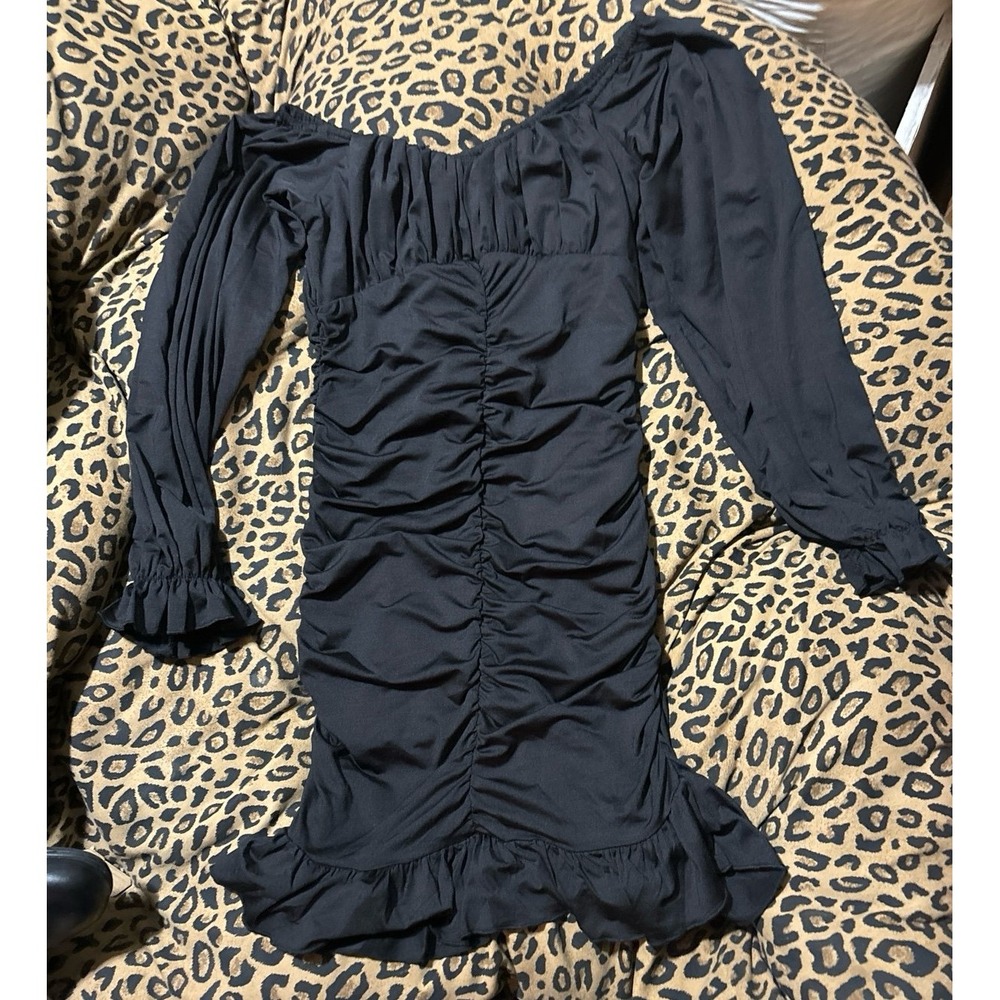 NEW Lyaner Sexy Black Longsleeve Off the Shoulder Scrunchedโ Mini Dress, Small